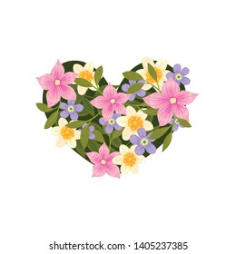 Arrangement in the shape of a heart from white, blue and pink flowers. Vector illustration on white background.