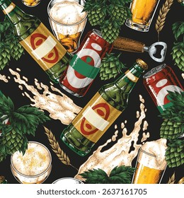 The arrangement showcases various beer types including bottles and glasses surrounded by hops and grains reflecting the brewing process. Perfect for beer enthusiasts and decorative themes.