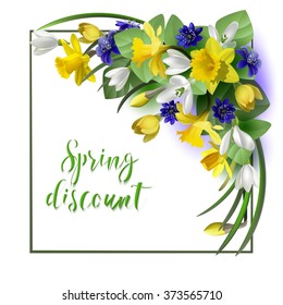 an arrangement of spring flowers -- daffodils,snowdrops,anemones   for design of postcards, brochures, banners, flyers,isolated, on a plane surface, vector illustration