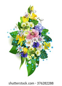 An arrangement of spring flowers -- daffodils,snowdrops,anemones for design of postcards, brochures, banners, flyers,isolated, on a plane surface, vector illustration