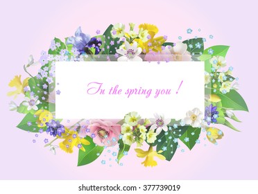 An arrangement of spring flowers -- daffodils,snowdrops,anemones for design of postcards, brochures, banners, flyers,isolated, on a plane surface, vector illustration,labeled with the spring you