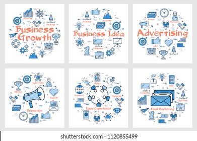Arrangement of square banners with blue round sets of icons for business and advertising concept in blue color