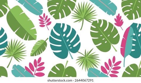 An arrangement of stylized tropical leaves including Monstera, palm, and banana leaves in shades of green, teal, and pink.