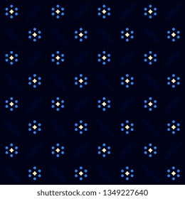 Arrangement of tiny flowers and pretty diamonds. Folk floral motif basket weave pattern. Soft light luminous navy blue melange texture. Elegant print block for apparel textile, wear fabric, garment.