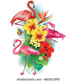 Arrangement from tropical flowers and Flamingoes