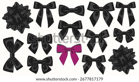 An arrangement of various bows, most of which are black, with one purple bow.