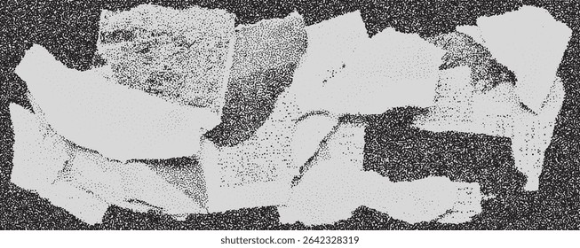 Um arranjo de várias formas texturizadas cria uma experiência visual abstrata, utilizando tons brancos contra um fundo preto profundo. Os contrastes enfatizam a profundidade e a forma.