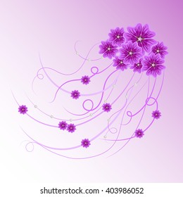 Arrangement of violet mallow flowers and ribbons with pearls  for greeting card or invitation design. Floral vector background.