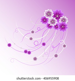 Arrangement of violet and white mallow flowers and ribbons with pearls  for greeting card or invitation design. Floral vector background.