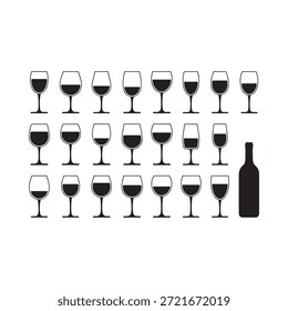 Una disposición de copas de vino y una botella una simple ilustración en blanco y negro