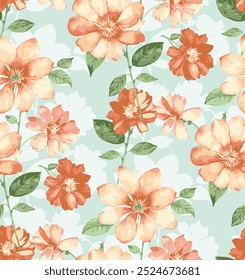 arrangement of yellow flowers and leaves on a green background. seamless pattern design background.