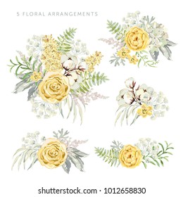 Arrangements with yellow flowers on the white background. Rose, lilac, cotton, green leaves. Watercolor vector illustration. Romantic garden bouquets. 