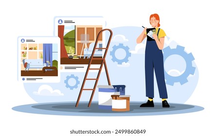 Arranging interior woman. Young girl in uniform near stairs and color palette. Apartment decoration in scandinavian style. House designer. Flat vector illustration isolated on white background