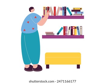 Arranging read books on a wooden shelf, library vector illustration.