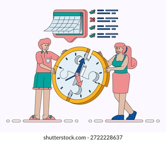 Organizar el rompecabezas de gestión del tiempo con el reloj y el calendario a través de la colaboración y el liderazgo de trabajo en equipo para la planificación del trabajo organizado. El diseño se puede utilizar para el Anuncio, el Sitio web, el cartel, la página de aterrizaje, los anuncios