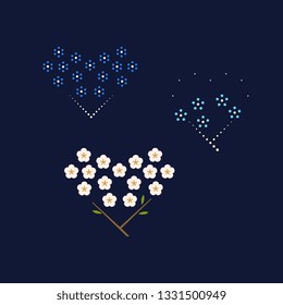 Arrangment of pretty flowers. Spring hearts icons design rustic floral motif. Simple geometric print block. Decorative small medallion vector graphic.