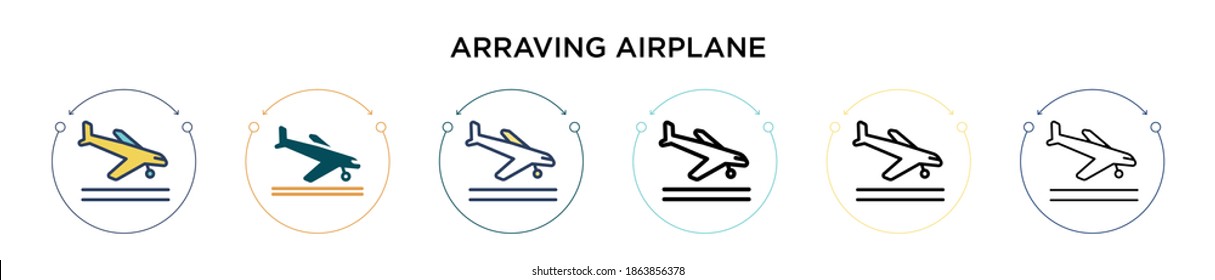 Arraving airplane icon in filled, thin line, outline and stroke style. Vector illustration of two colored and black arraving airplane vector icons designs can be used for mobile, ui, web