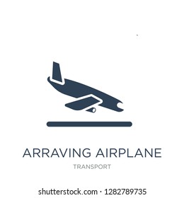 arraving airplane icon vector on white background, arraving airplane trendy filled icons from Transport collection, arraving airplane vector illustration