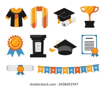 An array of academic achievement icons, including a gown, sash, trophy, and diploma, perfect for graduation and educational success themes