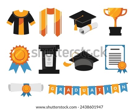 An array of academic achievement icons, including a gown, sash, trophy, and diploma, perfect for graduation and educational success themes