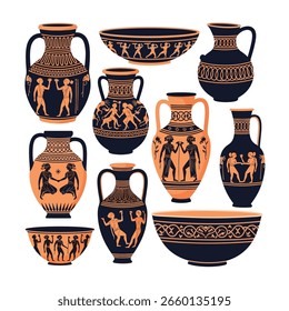 Uma variedade de cerâmica grega antiga com cenas mitológicas e padrões decorativos