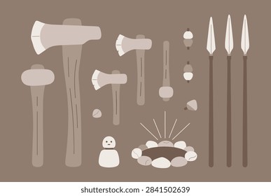 Array of ancient stone tools including axes, spears, hammers, and a fire pit representing primitive human life and prehistoric technology.