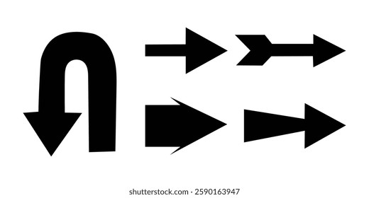 An array of arrow icons, featuring a U-turn arrow and multiple forward-pointing arrows with different head designs, are presented as flat, black vector shapes against a white background.