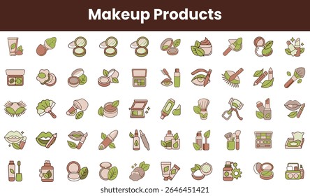 An array of beautifully designed makeup product icons featuring shades of green and muted tones, perfect for beauty enthusiasts and professionals alike.