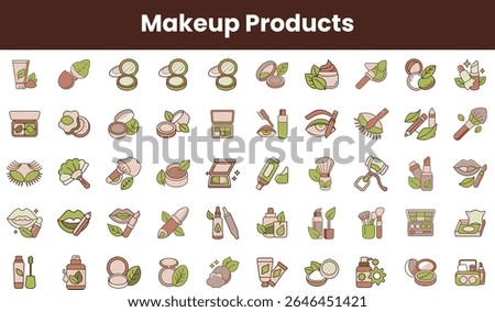 An array of beautifully designed makeup product icons featuring shades of green and muted tones, perfect for beauty enthusiasts and professionals alike.