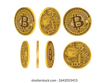 Array of Bitcoin cryptocurrency coins displayed from various angles showing intricate circuit patterns and approval markings.