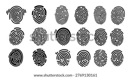 An array of black fingerprint impressions, showcasing diverse ridge patterns used in forensic science and personal identification.
