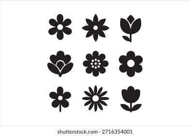 eine Reihe von schwarzen Blumen Silhouetten von verschiedenen Formen und Stilen werden auf einem einfarbigen weißen Hintergrund angezeigt.