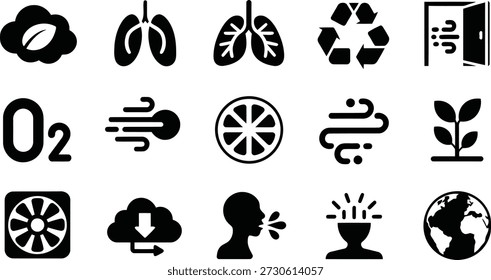 Array of black icons illustrating environmental themes, human health, and air quality on a stark white backdrop.