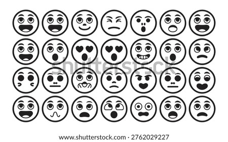 Array of black outline faces showcasing intense feelings including wonder suspicion regret and overwhelming joy.