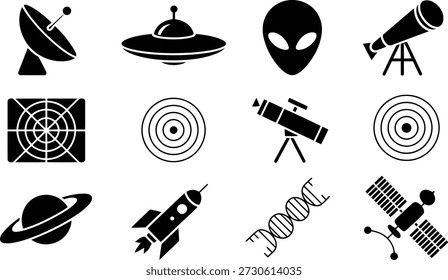 Array of black silhouette icons illustrating space science, extraterrestrial encounters, astronomical tools, and genetic research on a white canvas.