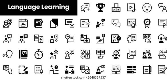 An array of black and white icons representing various aspects of language learning. The collection includes symbols for communication, study, and achievement.