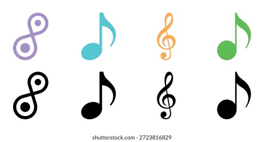 An array of colorful and black musical notes and symbols are displayed clearly.