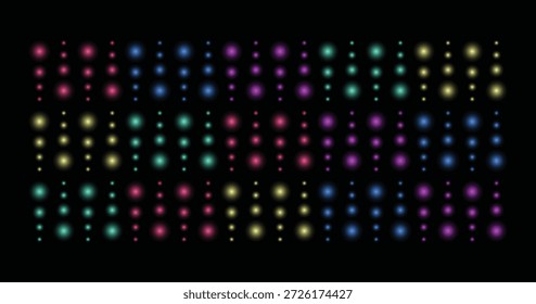 Array of colorful bokeh lights on a black background illustration.