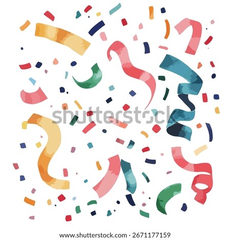 An array of colorful confetti and ribbon pieces in a watercolor style, scattered randomly. The ribbons are swirled and the confetti are in various shapes.