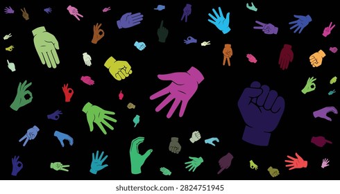 Array of colorful hands and fists in different sizes and shapes representing diversity unity and activism on a dark background