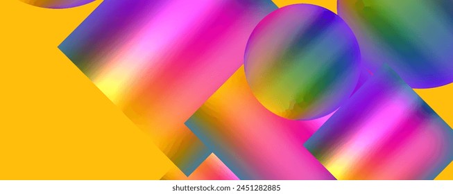 An array of colorful objects including purple, pink, and violet hues float in the air against a vibrant yellow background. The electric blue adds a pop of color to the mesmerizing pattern
