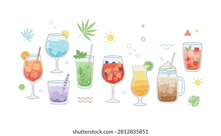 An array of colorful summer cocktails in various glasses garnished with fresh fruit slices, herbs, and cooling ice cubes.