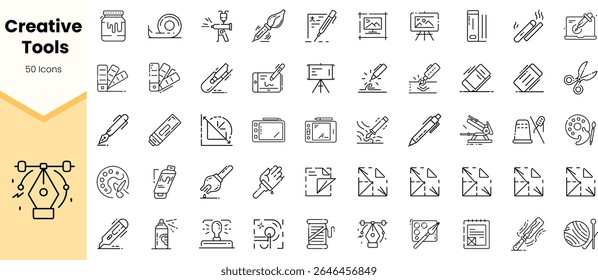 Uma variedade de ferramentas criativas ilustradas em um estilo minimalista, apresentando ícones como pincéis, paletas e elementos de design gráfico, perfeitos para projetos artísticos.