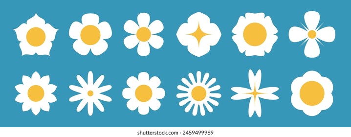 An array of daisy illustrations in white and yellow, showcasing different petal designs on a serene blue background, evokes a cheerful springtime feel.
