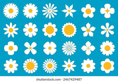 An array of daisy illustrations in white and yellow, showcasing different petal designs on a serene blue background, evokes a cheerful springtime feel.