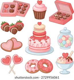 Eine Reihe von reizenden rosa und roten süßen Leckereien, darunter herzförmige Pralinen, ein mehrstufiger Kuchen, Cupcakes, Kekse, Donuts, Lollis und Bonbons, ist charmant illustriert, perfekt für Valentinstag-Feiern oder romantische Anlässe.