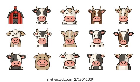 Array of different cow face icons showing various breeds and patterns alongside a small red barn on a clean white background in a cute style.