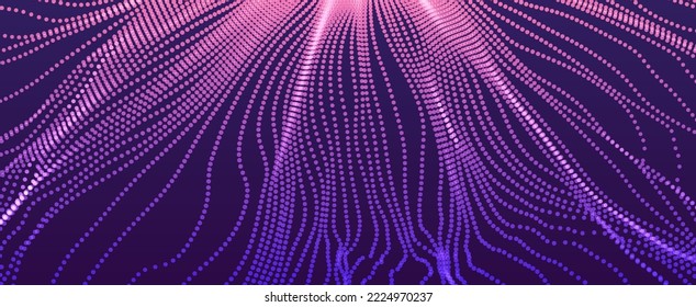 Array with dynamic emitted particles. 3d technology style. Abstract background. Vector illustration.