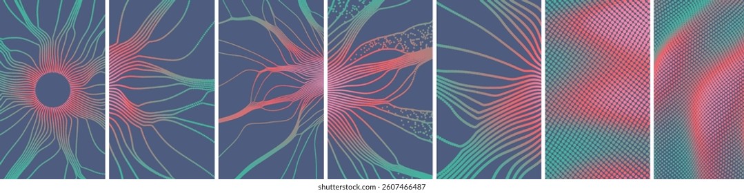 Array with dynamic emitted particles. Abstract science or technology background. Cover design template. 3d vector illustration for brochure, poster, presentation, flyer or banner.