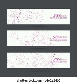 Array with dynamic emitted particles, atom, dot. Node molecule structure. 